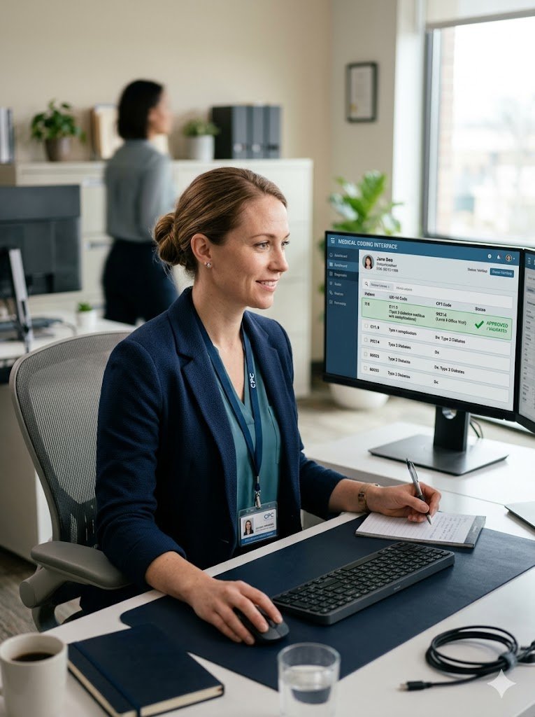 A certified medical coder reviewing AI-proposed ICD-10 and CPT codes on a coding dashboard, with one line marked approved and validated.